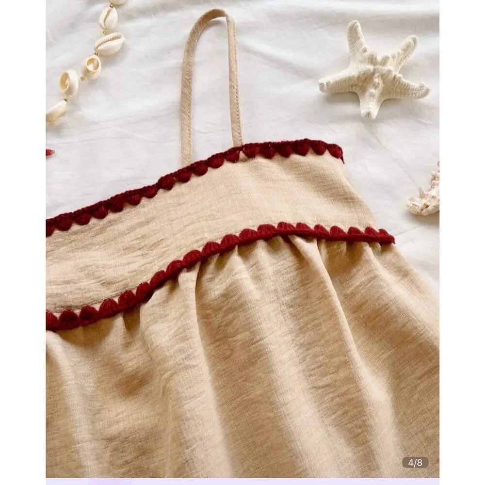 Boutique Khaki Linen Blend Tank Shorts Set Wine Trim Scallop Size M 6 Two Piece